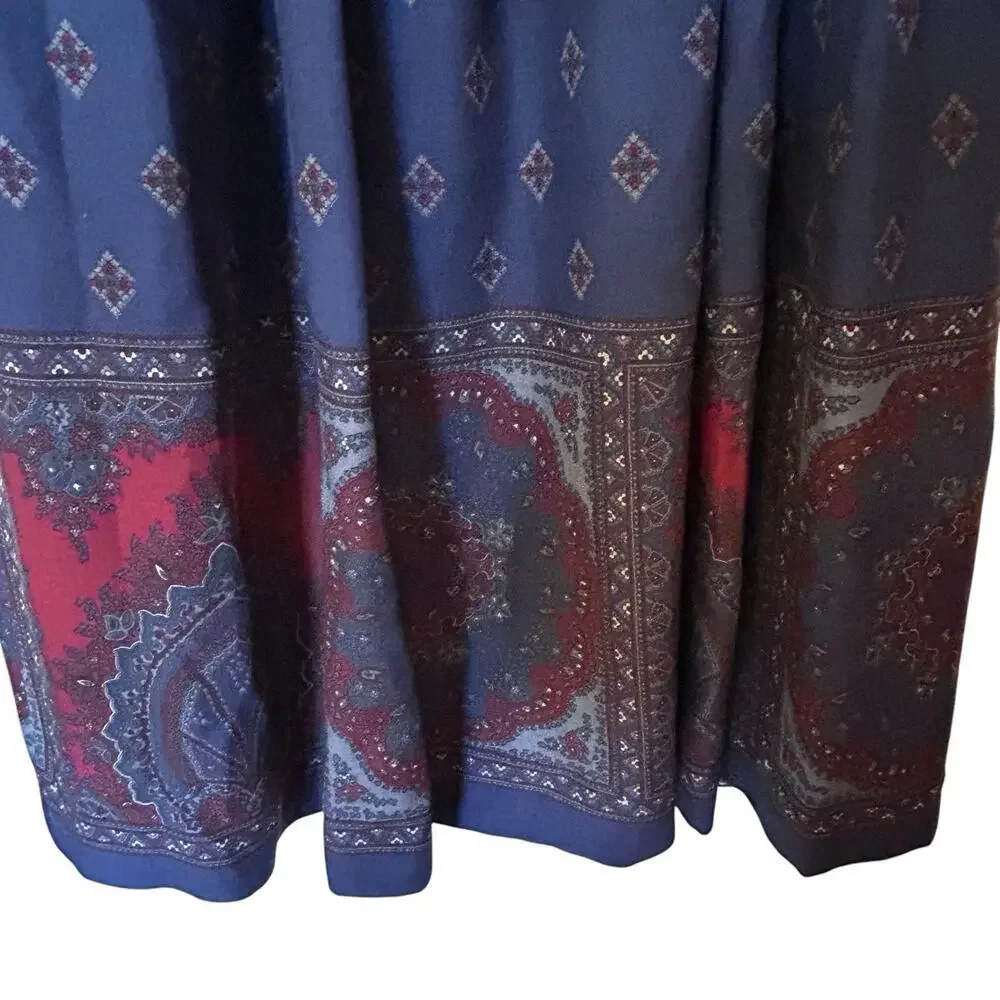 Vintage Talbots Paisley Geometric 100% Wool Navy/Burgundy Midi A-Line Skirt 10